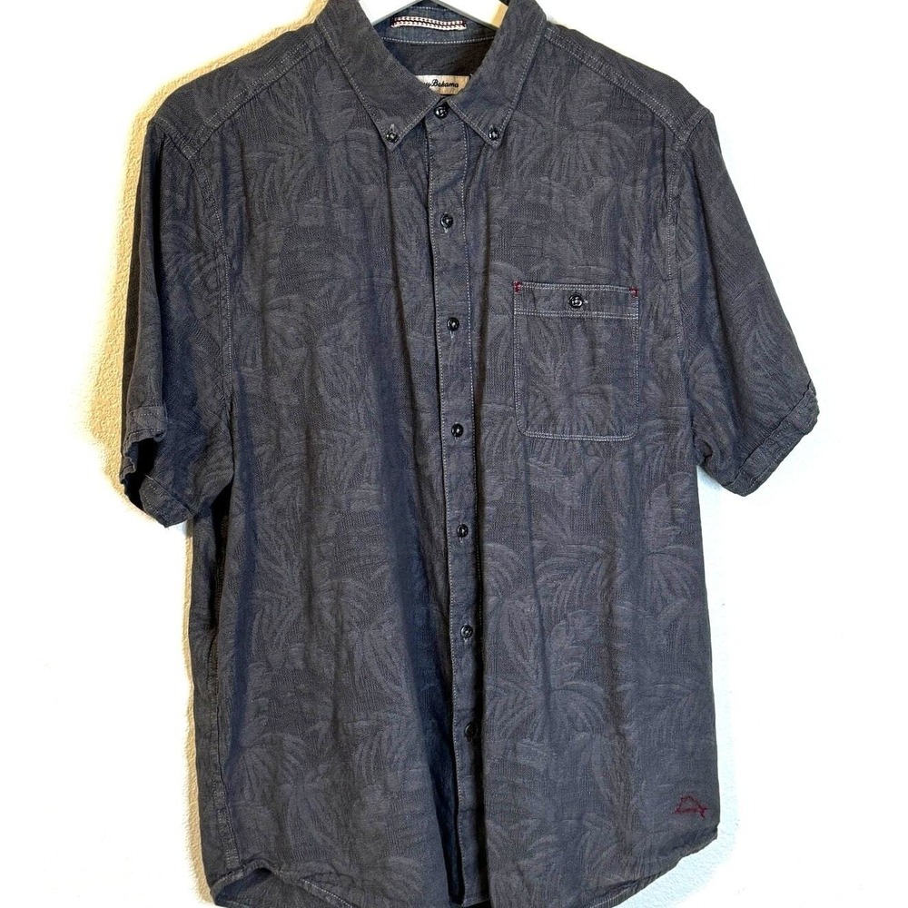 Tommy Bahama Men's Gray Short Sleeve Button Up Palm Tree Print Shirt‎